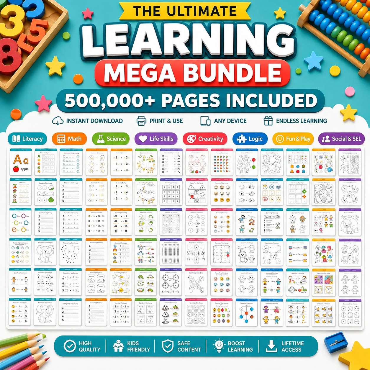 500,000+ Kids Educational Printables Bundle | Printable Worksheets, Coloring Pages, Busy Books