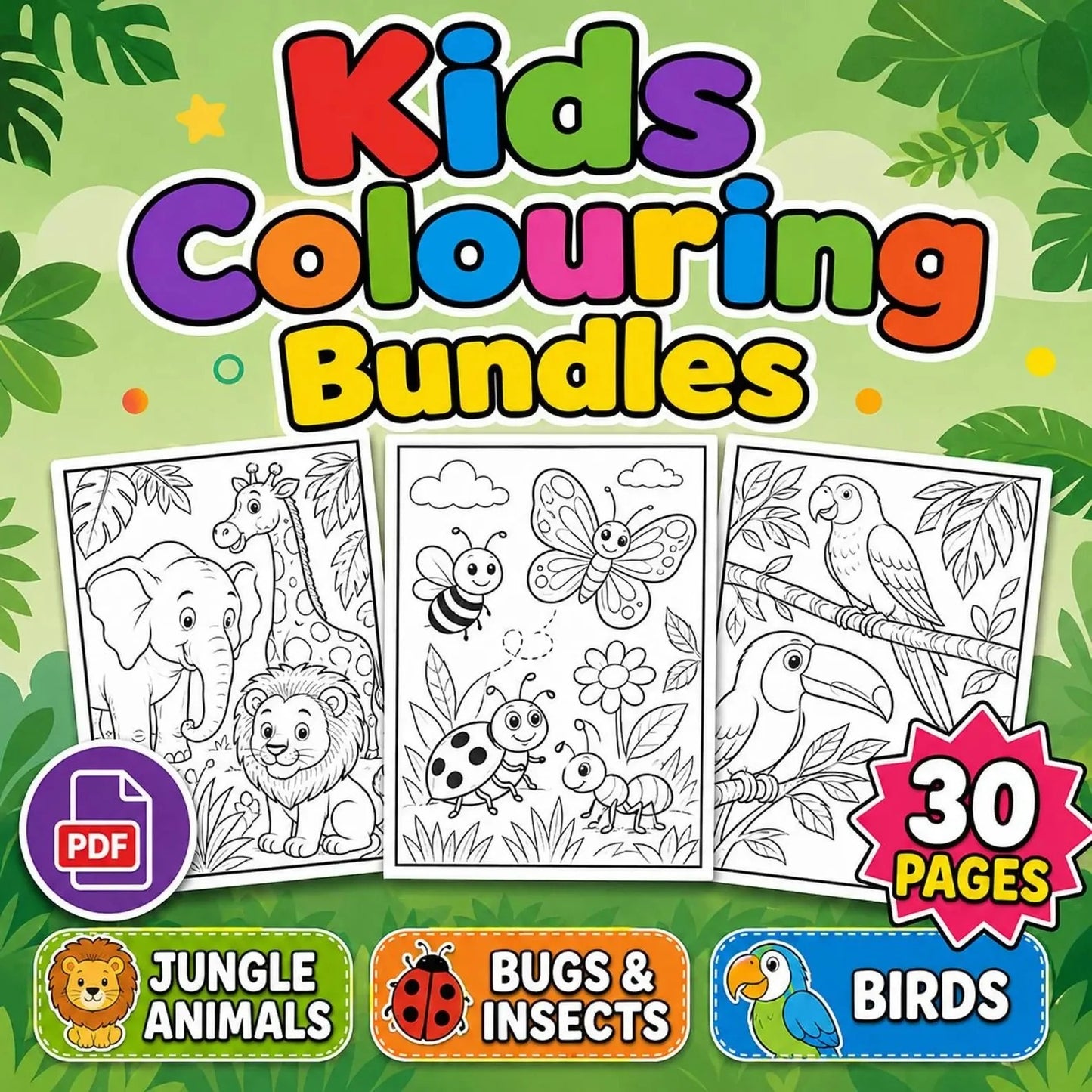 30 Jungle Animal Coloring Pages for Kids | Bugs, Birds & Wildlife Printable Activity Book PDF