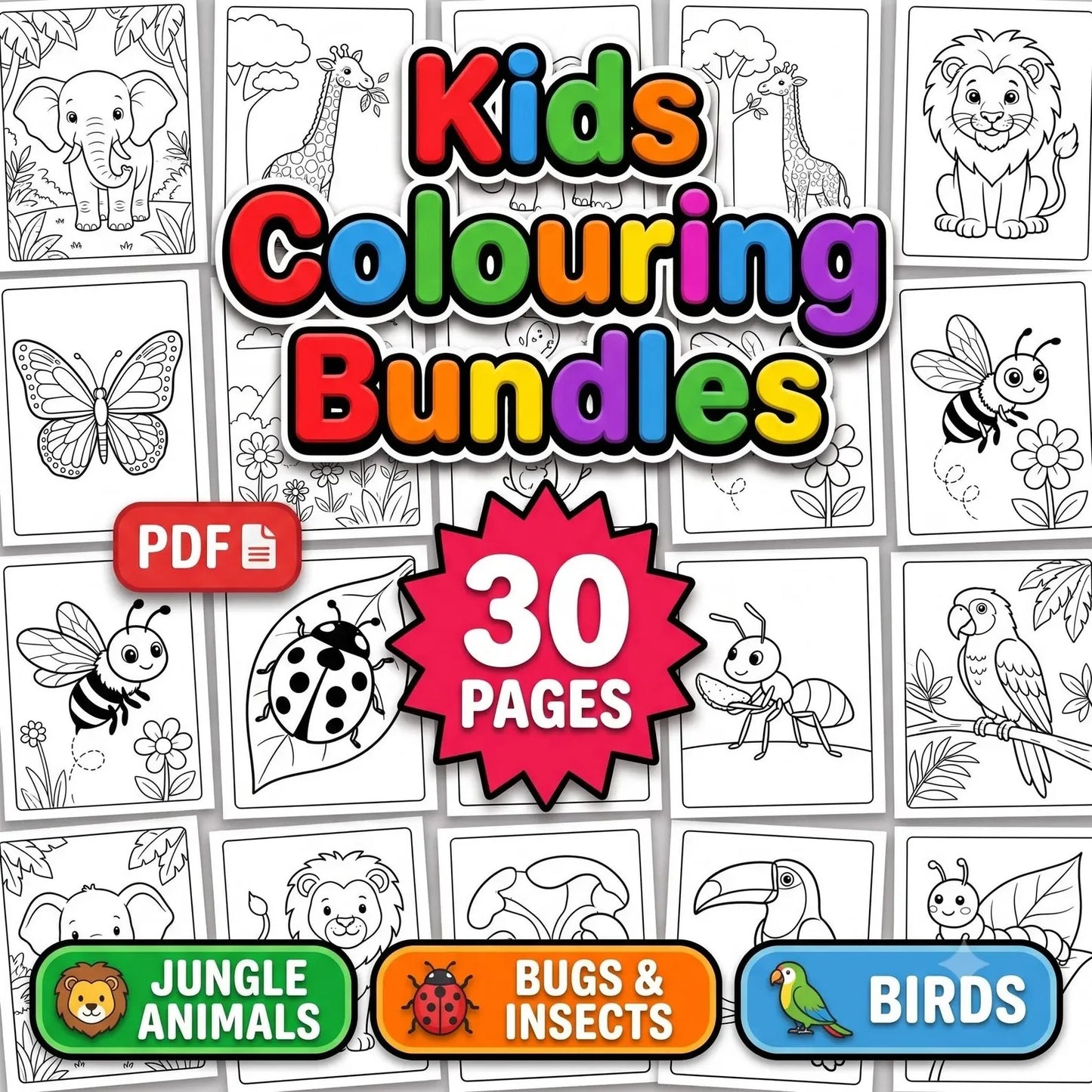 30 Jungle Animal Coloring Pages for Kids | Bugs, Birds & Wildlife Printable Activity Book PDF