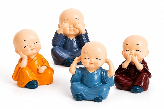 Set of 4 Baby Monk Statues for Home Decor | See No Evil, Hear No Evil, Speak No Evil & Smile Figurines | Resin Buddha Showpiece
