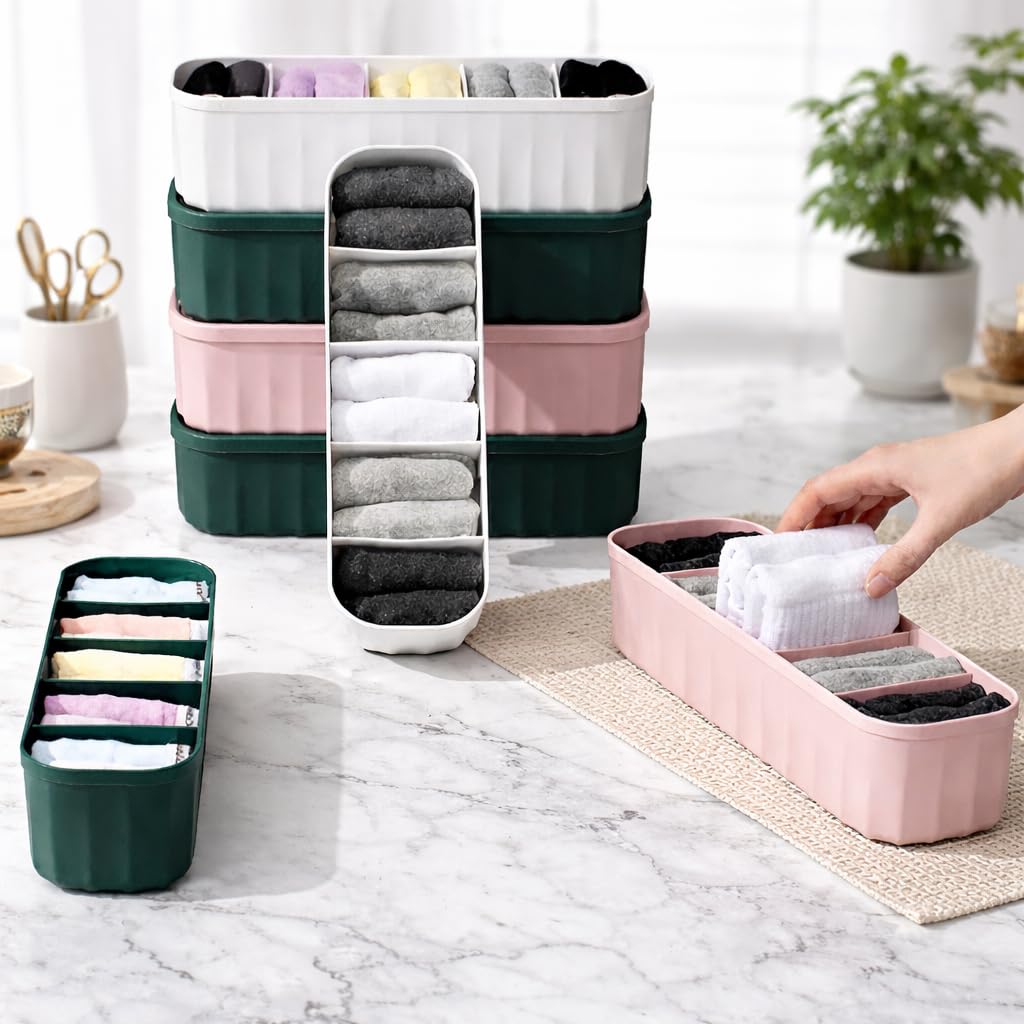 4-Piece Drawer Organizer Set, Plastic Storage Boxes for Underwear, Socks, Bras, Ties & Small Clothing, Closet and Wardrobe Drawer Dividers