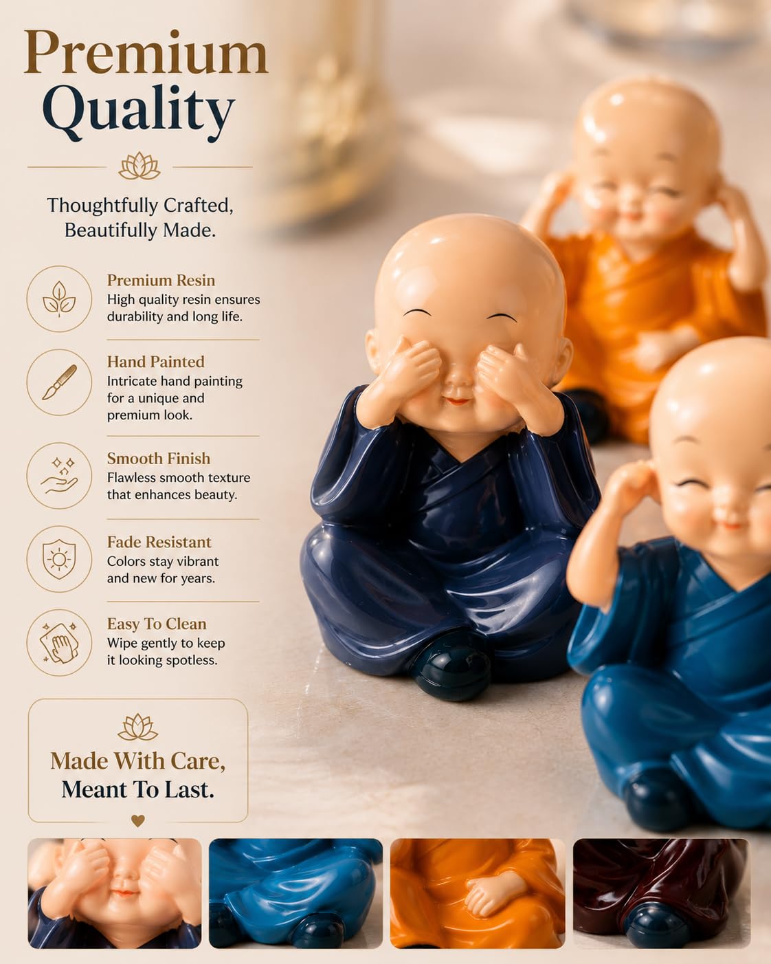 Set of 4 Baby Monk Statues for Home Decor | See No Evil, Hear No Evil, Speak No Evil & Smile Figurines | Resin Buddha Showpiece