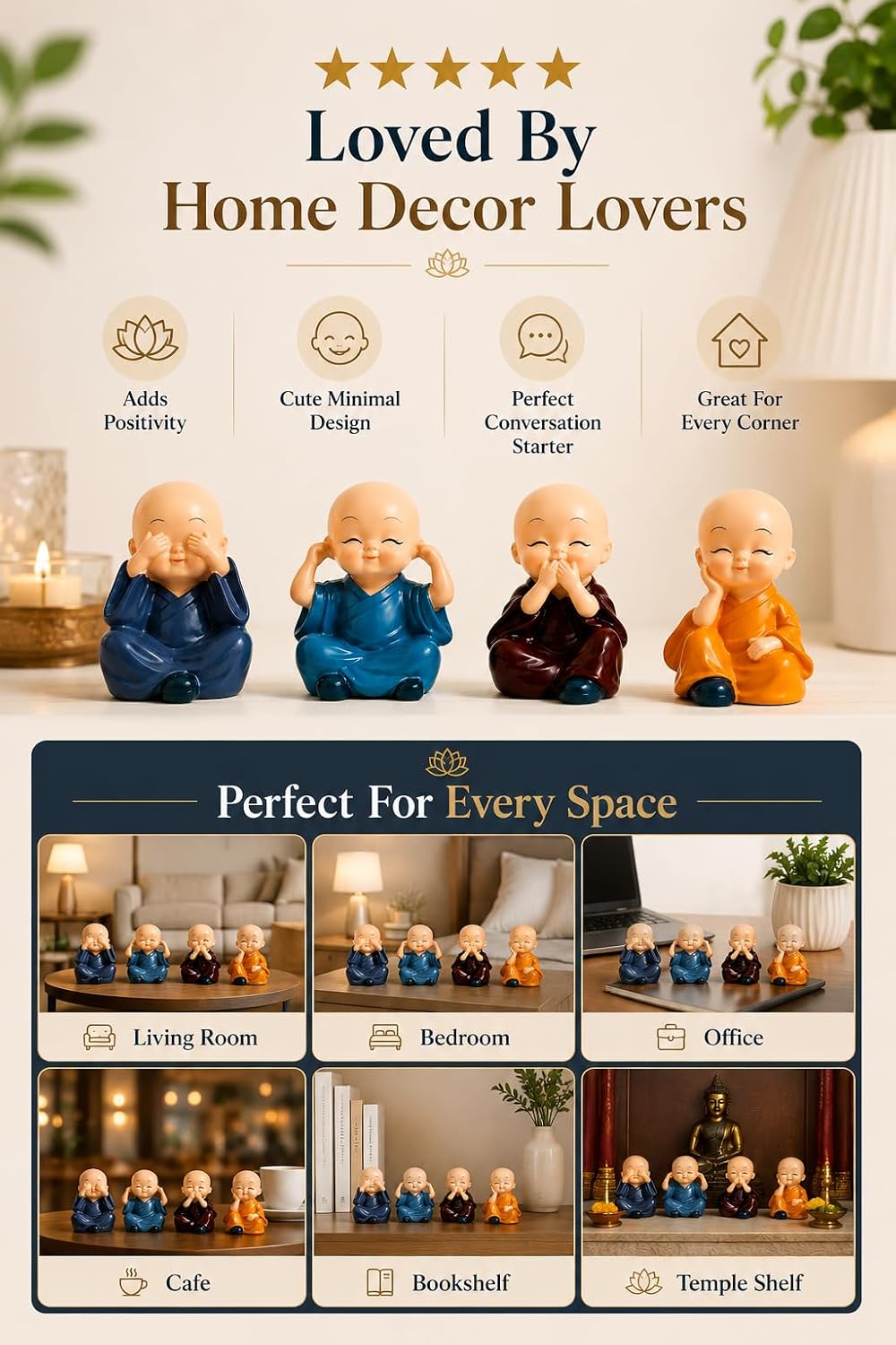 Set of 4 Baby Monk Statues for Home Decor | See No Evil, Hear No Evil, Speak No Evil & Smile Figurines | Resin Buddha Showpiece