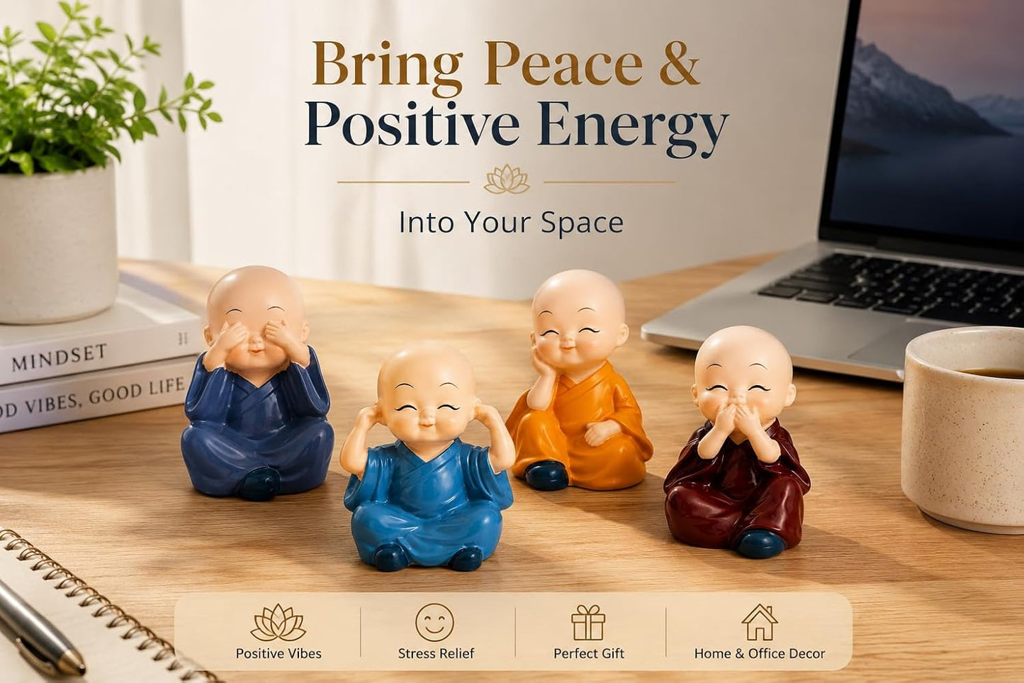 Set of 4 Baby Monk Statues for Home Decor | See No Evil, Hear No Evil, Speak No Evil & Smile Figurines | Resin Buddha Showpiece