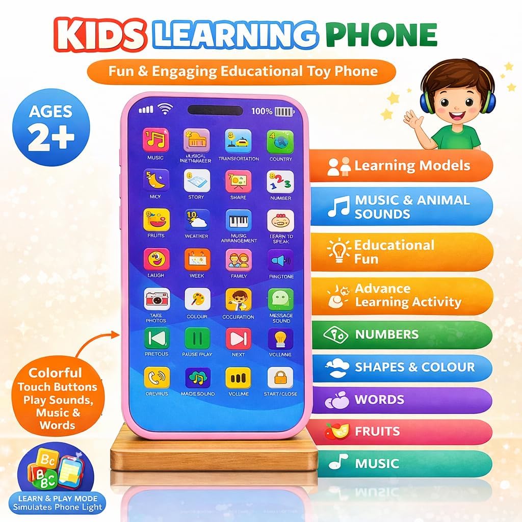 Kids Rechargeable Learning Phone Toy with 24 Educational Modes, Talking Dummy Mobile with Music, Games & Flash Cards, Interactive Mobile Phone Toy for Boys & Girls Ages 2–12
