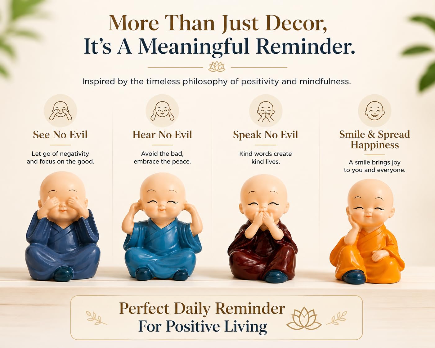 Set of 4 Baby Monk Statues for Home Decor | See No Evil, Hear No Evil, Speak No Evil & Smile Figurines | Resin Buddha Showpiece