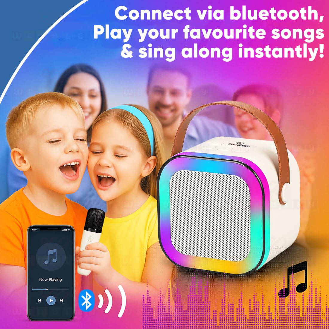 Wembley Rechargeable Karaoke Microphone with Speaker, Wireless Portable Bluetooth Singing Mic with LED Lights, Mini Musical Toy & Birthday Gift for Kids, Boys, Girls and Adults