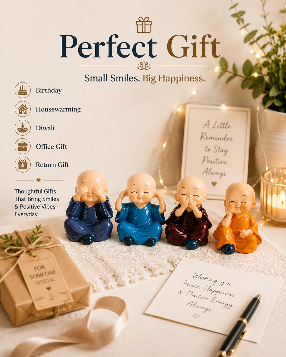 Set of 4 Baby Monk Statues for Home Decor | See No Evil, Hear No Evil, Speak No Evil & Smile Figurines | Resin Buddha Showpiece