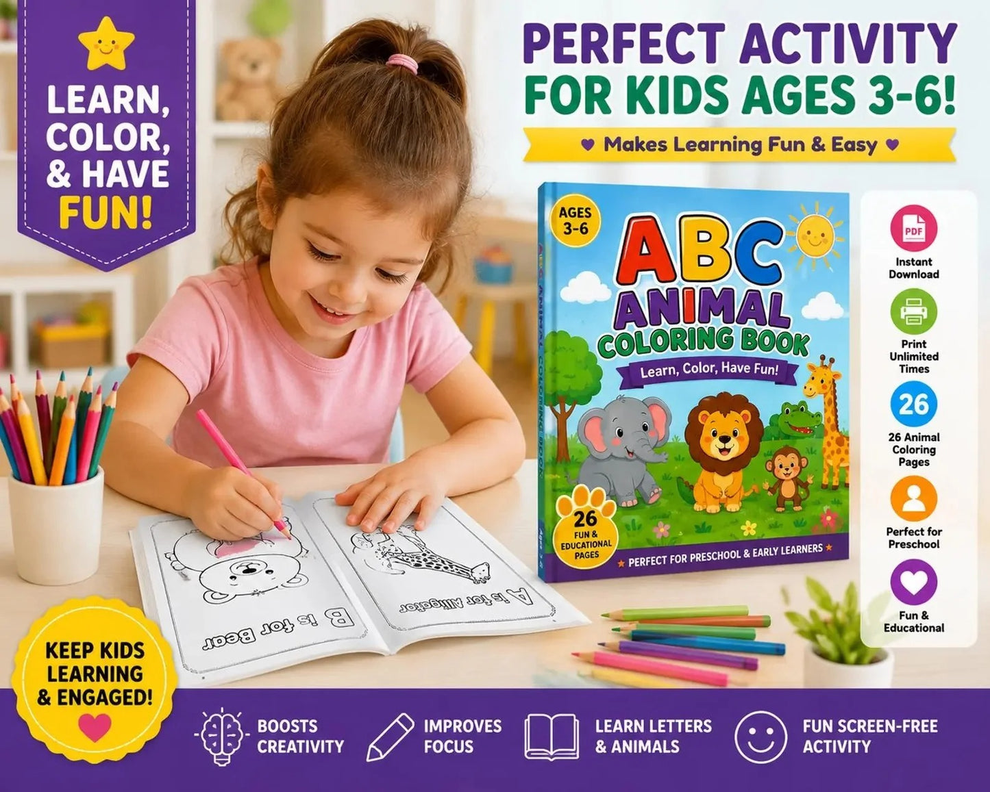 ABC Animal Coloring Book for Kids | A-Z Alphabet Learning & Coloring Activities