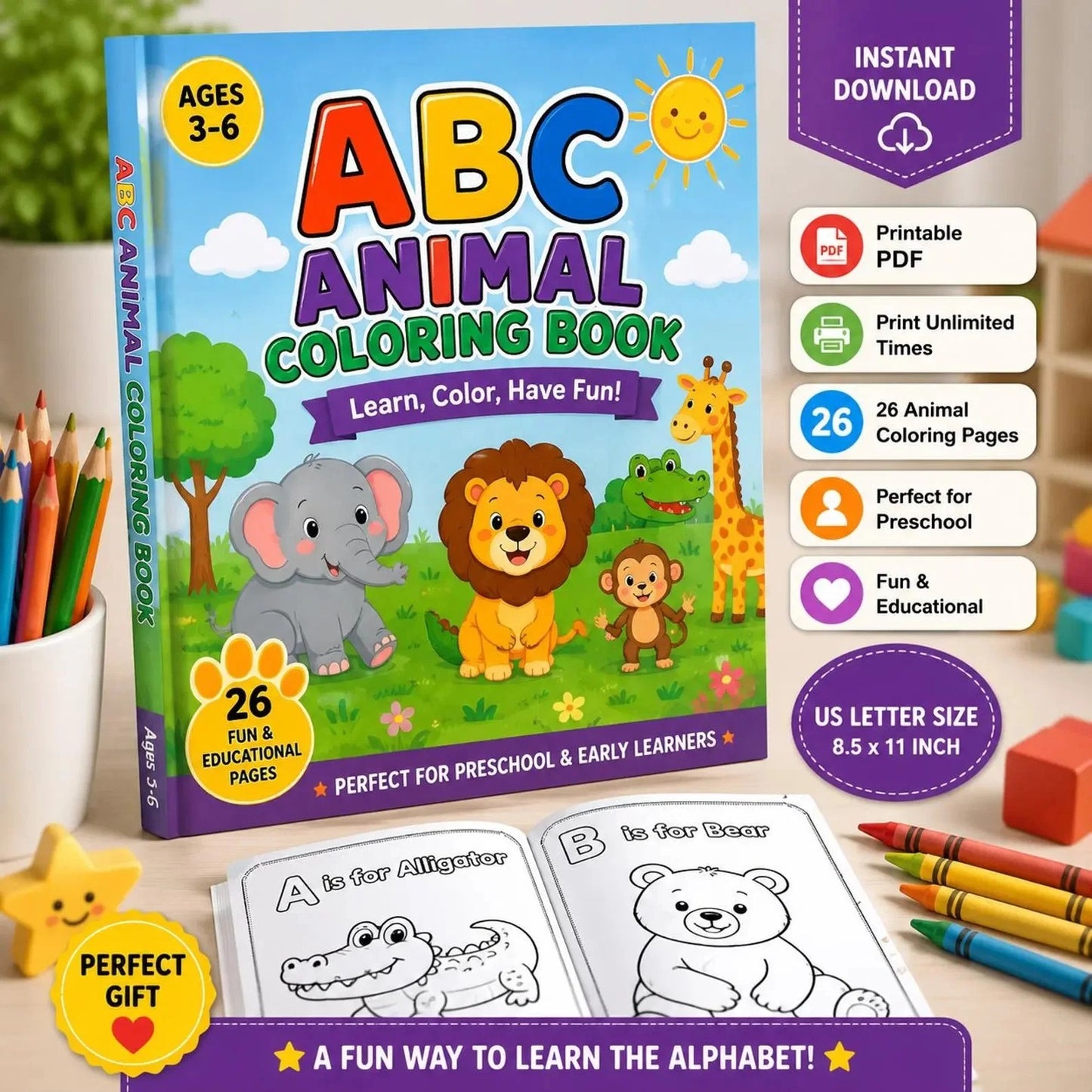 ABC Animal Coloring Book for Kids | A-Z Alphabet Learning & Coloring Activities