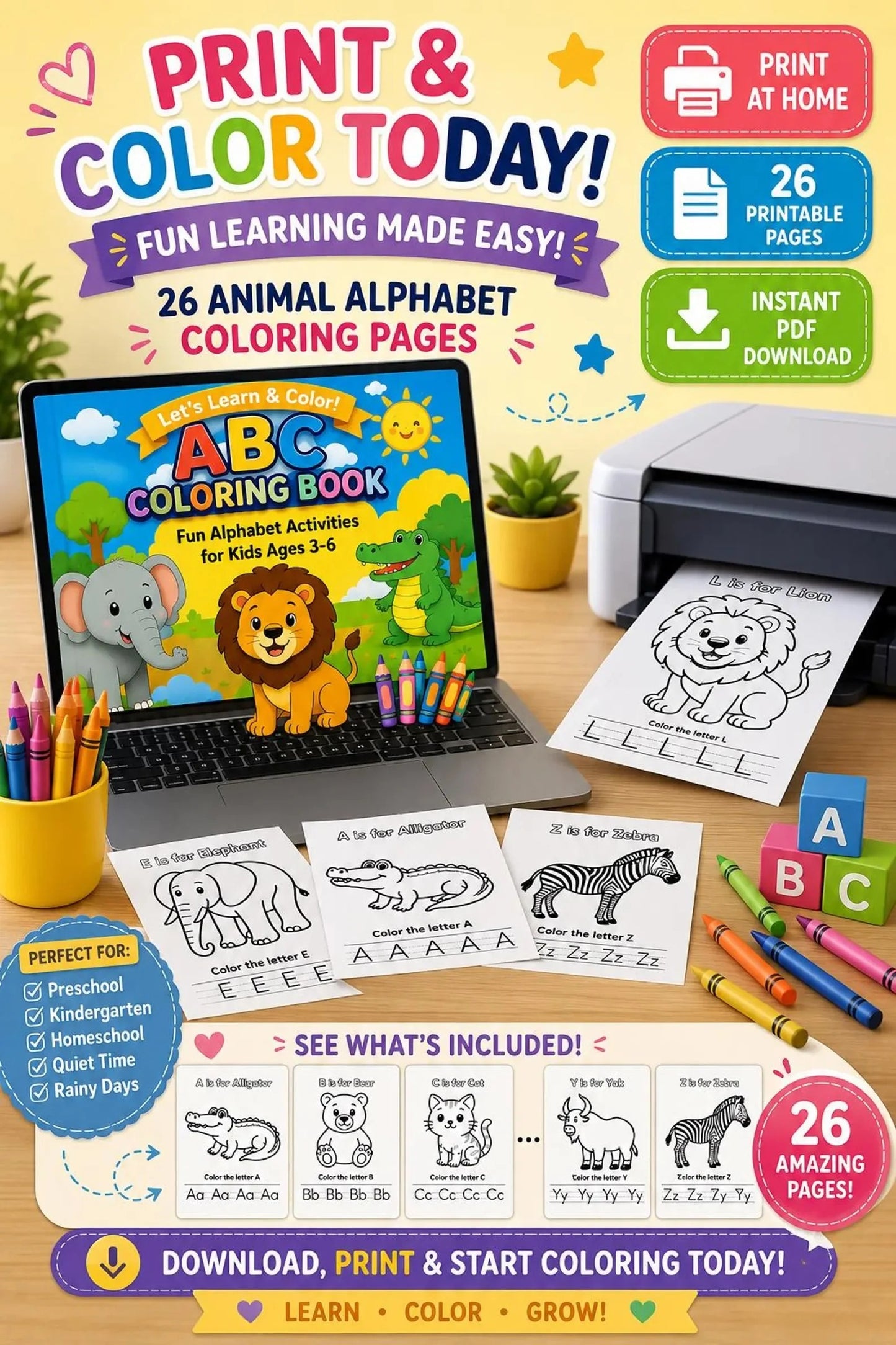 ABC Animal Coloring Book for Kids | A-Z Alphabet Learning & Coloring Activities
