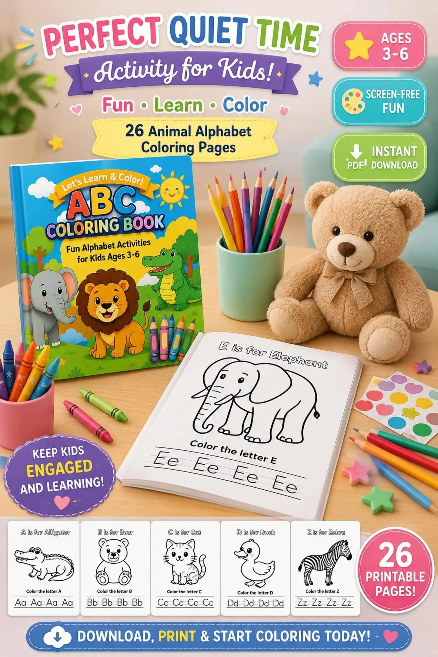 ABC Animal Coloring Book for Kids | A-Z Alphabet Learning & Coloring Activities