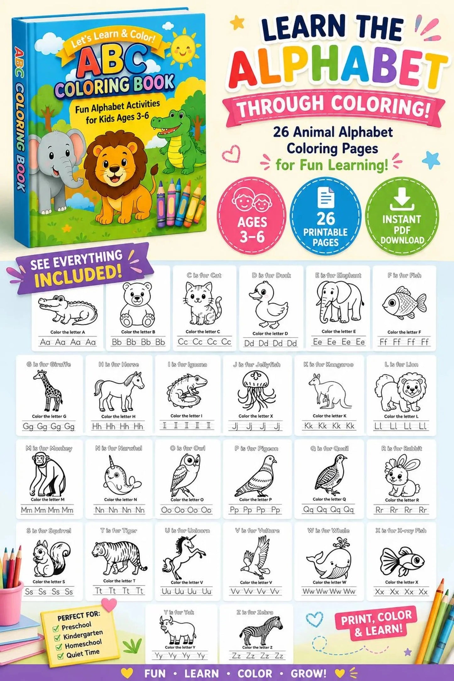 ABC Animal Coloring Book for Kids | A-Z Alphabet Learning & Coloring Activities