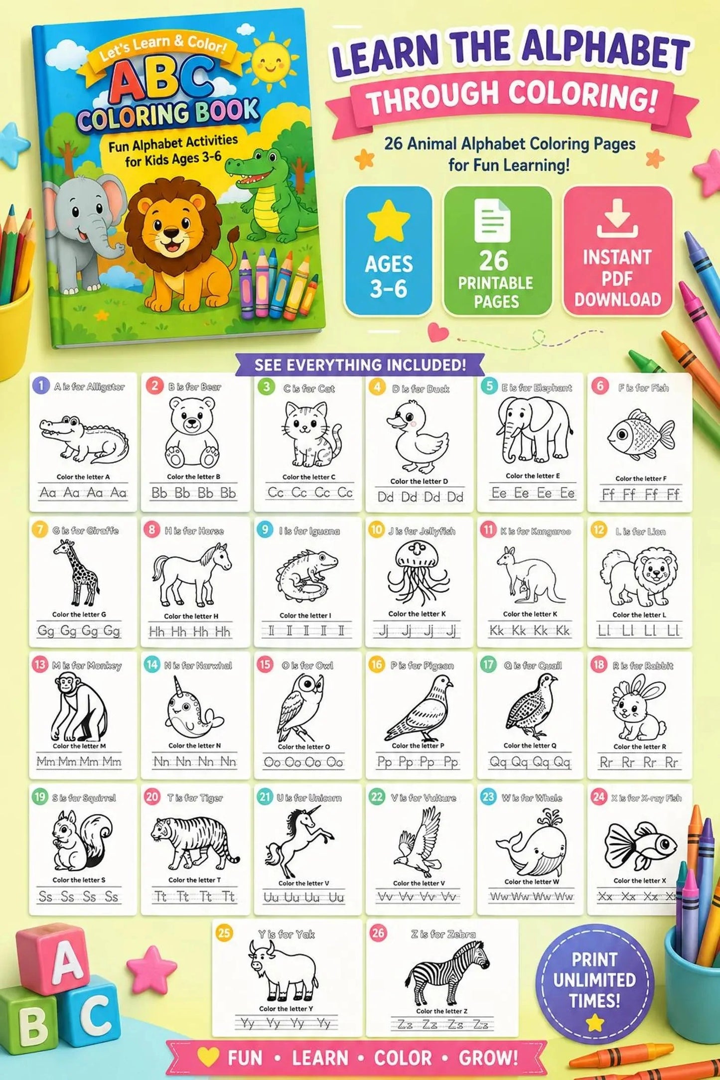 ABC Animal Coloring Book for Kids | A-Z Alphabet Learning & Coloring Activities