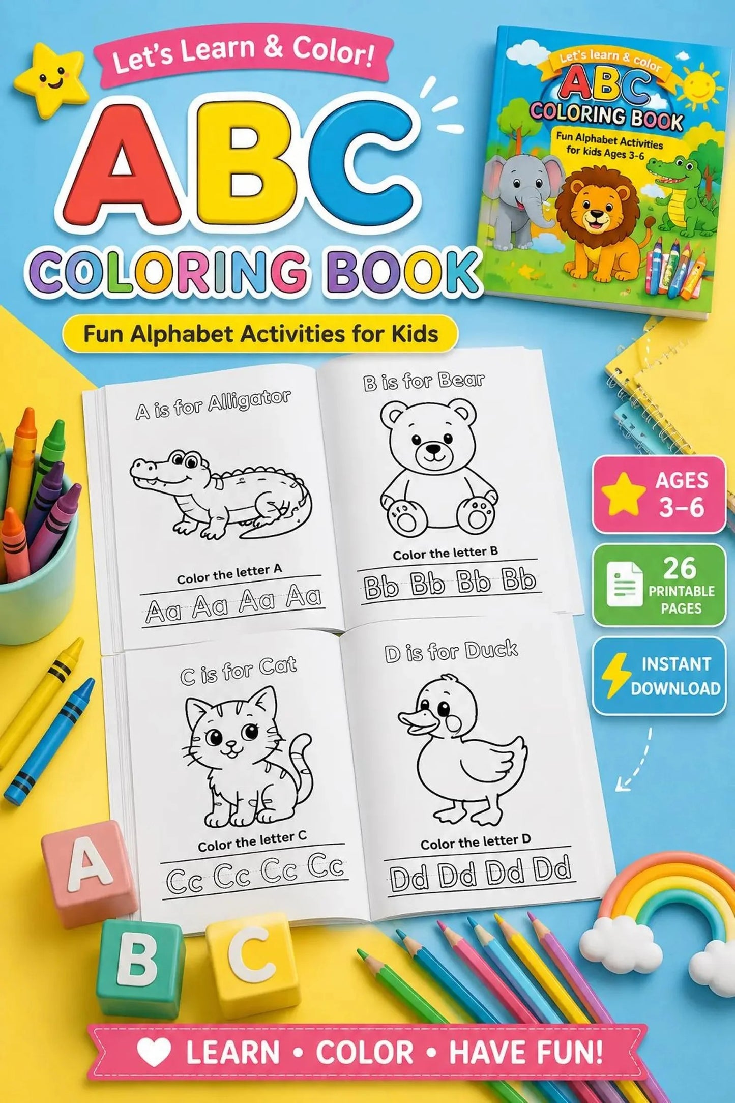 ABC Animal Coloring Book for Kids | A-Z Alphabet Learning & Coloring Activities