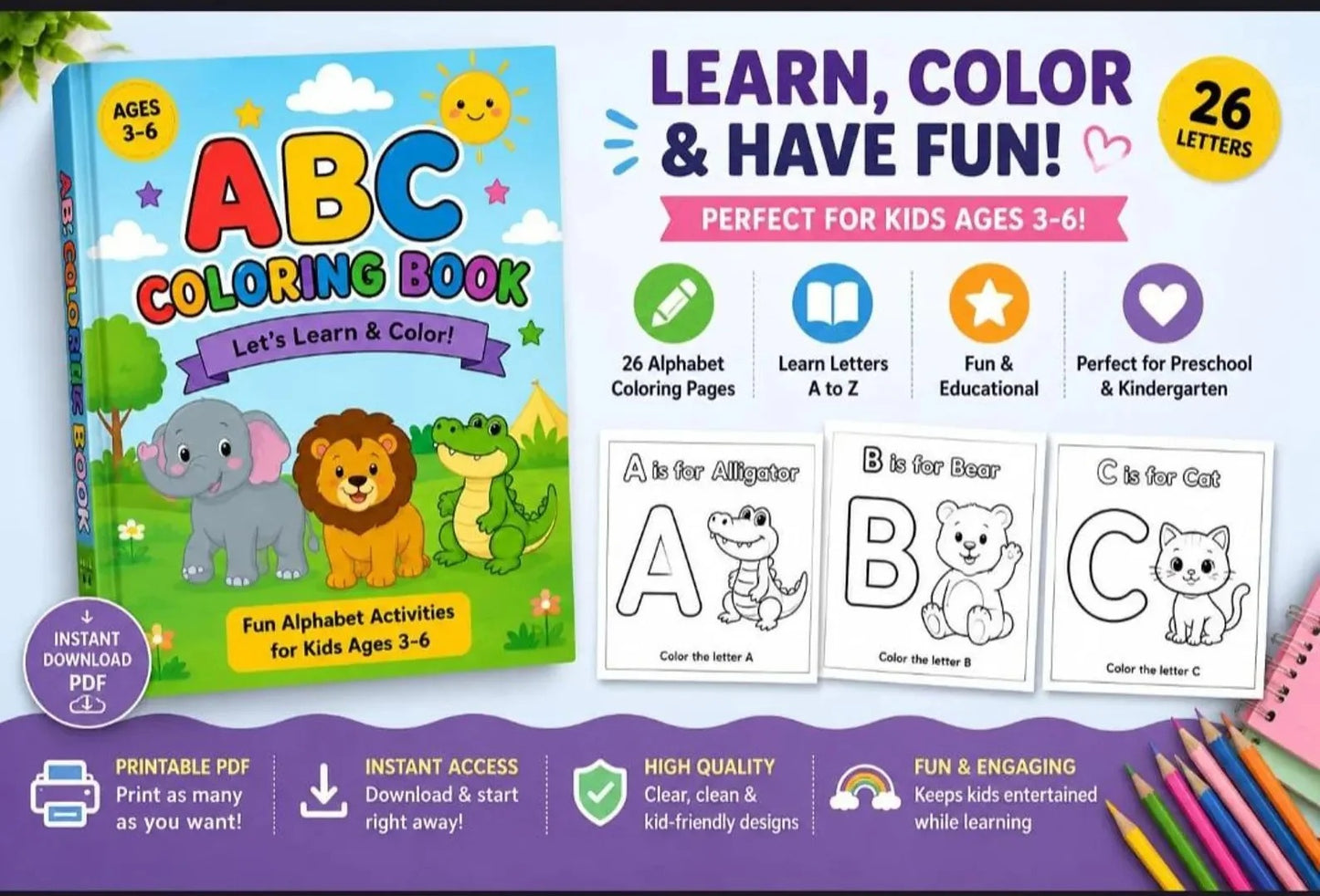 ABC Animal Coloring Book for Kids | A-Z Alphabet Learning & Coloring Activities
