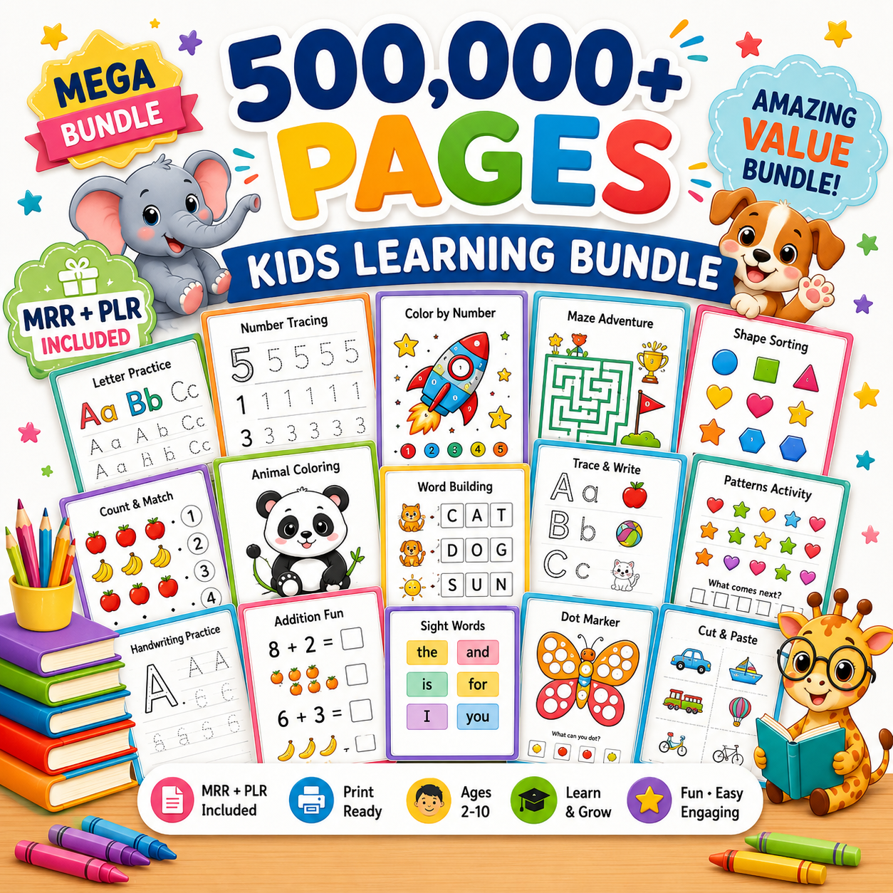500,000+ Kids Educational Printables Bundle | Printable Worksheets, Coloring Pages, Busy Books
